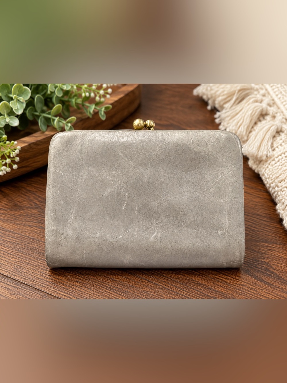 HOBO International Gray Taupe Leather Kiss Lock Bifold Wallet